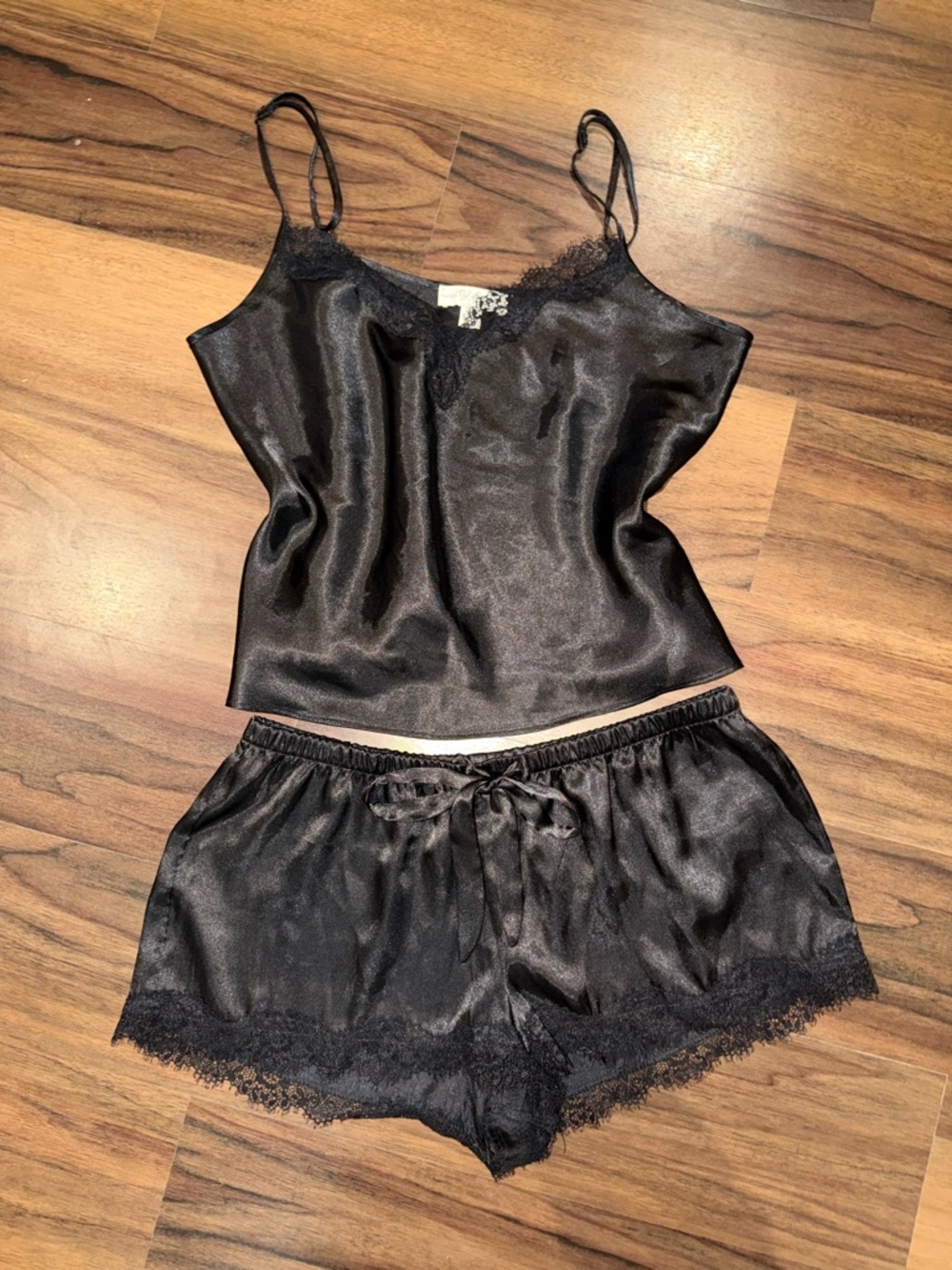 Silky Lace Trim Cami & Short Pajama Set - Black